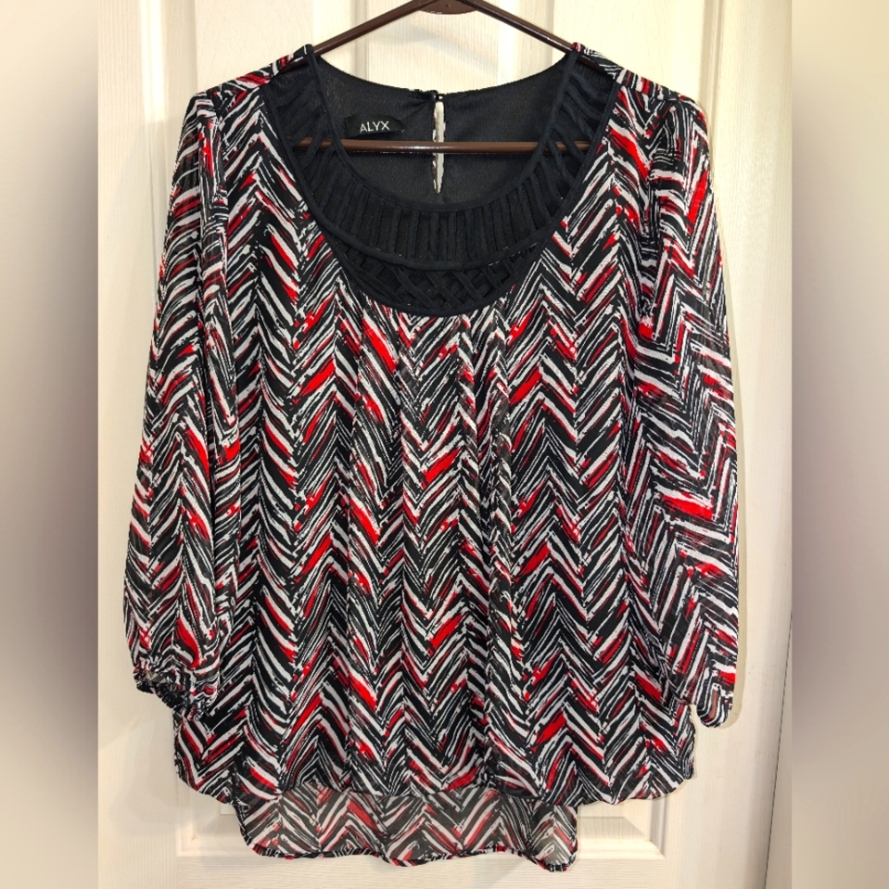 XL ALYX Long Sleeve Black, Red White Print Blouse